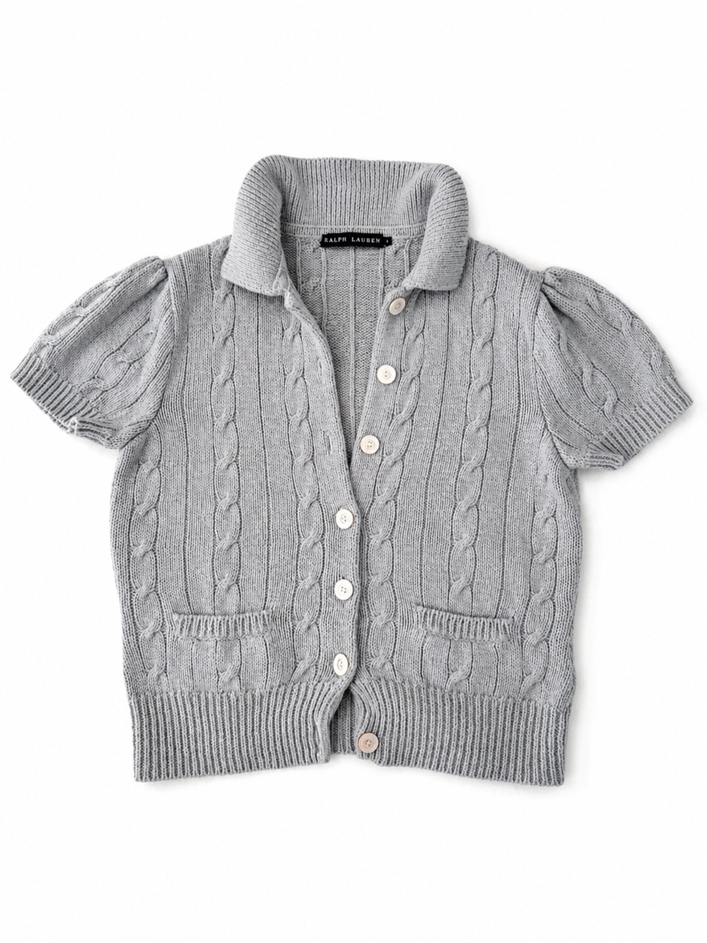 Ralph Lauren Cable Knit Short Sleeve Cardigan Sweater Gray Linen Cotton L